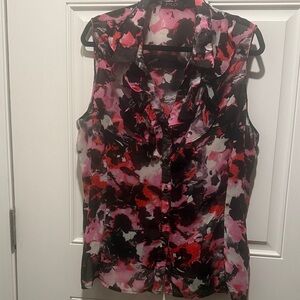 FYLO Pink & Black Abstract Ruffle-Front Sleeveless Blouse